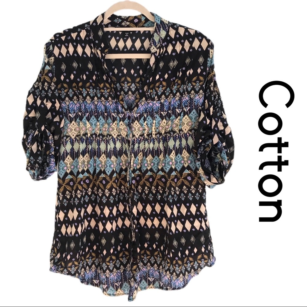 Bright Pattern Button Down Shirt Pleated Blouse